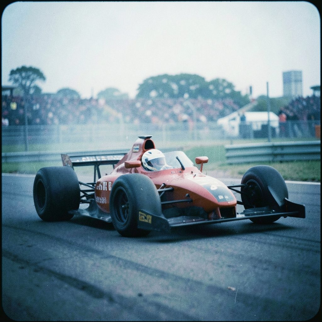 An atmospheric analog film photograph with visible grain, showing a blurred race-track scene in cool teal and silver tones, capturing speed and motion.