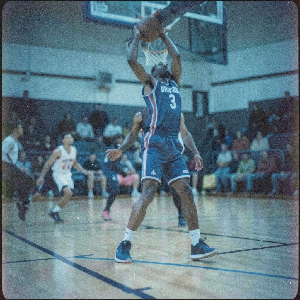 A grainy analog film image of two basketball players leaping toward a hoop, lit in muted navy and warm amber.