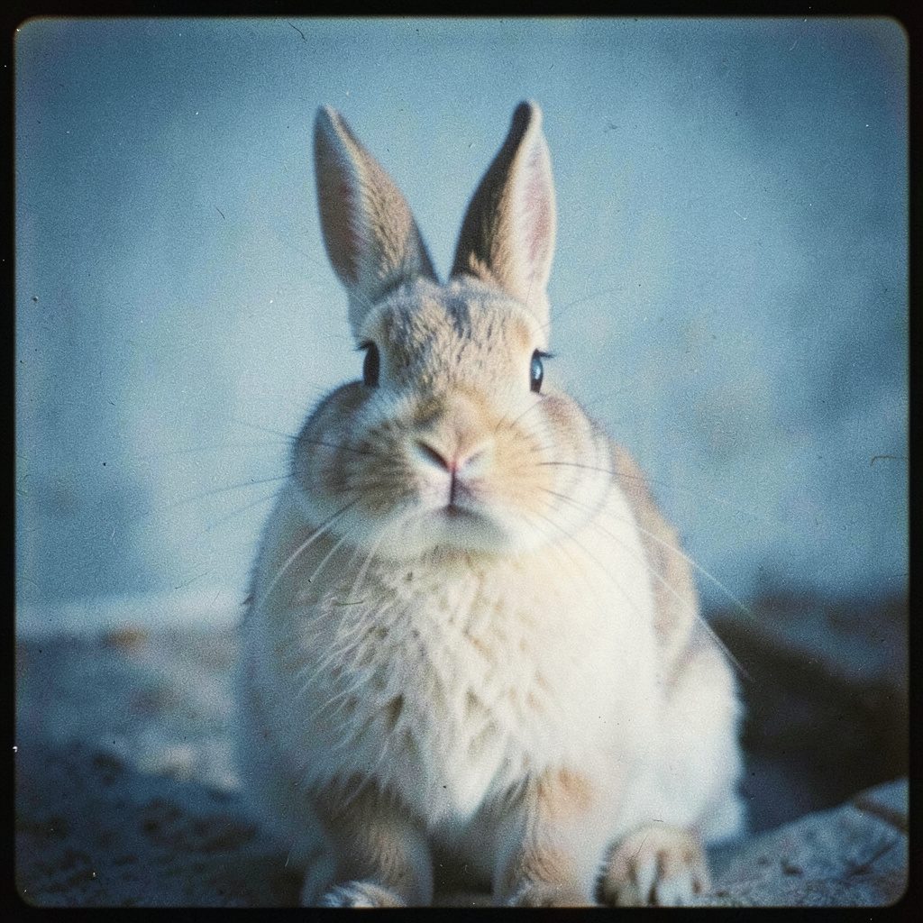 Pastel bunny figurines arranged on a mossy forest floor, whimsical and soft-focus analog film scene