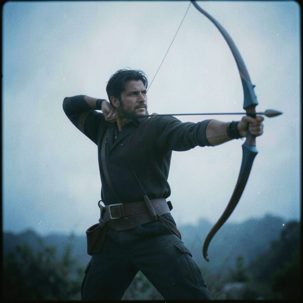 An analog film photograph with visible grain showing a lone archer in soft golden and forest green tones drawing a bow.