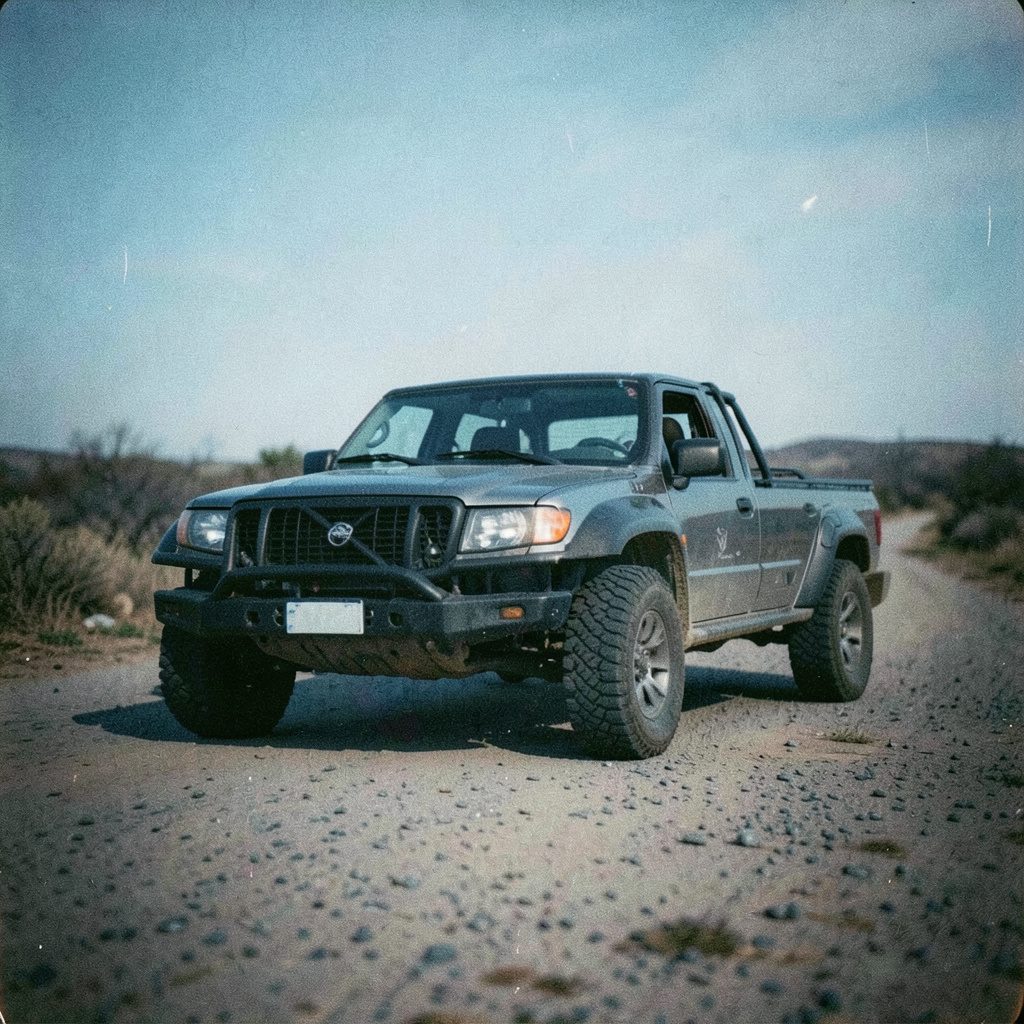 An analog film photograph with visible grain showing two off-road trucks mid-jump in dusty ochre and slate blue light.
